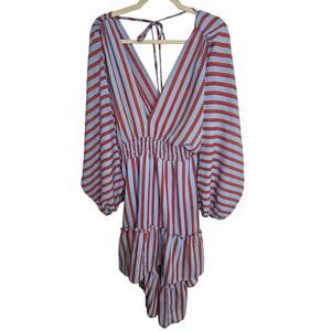Lulu's Dress Blue Red Striped Hi Low Dress Puff Sleeve Summer Dress Women L